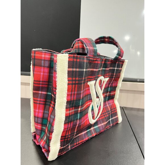 Victorias Secret Plaid & Shearling Tote Bag Flannel Feel Soft Holiday - Picture 6 of 7